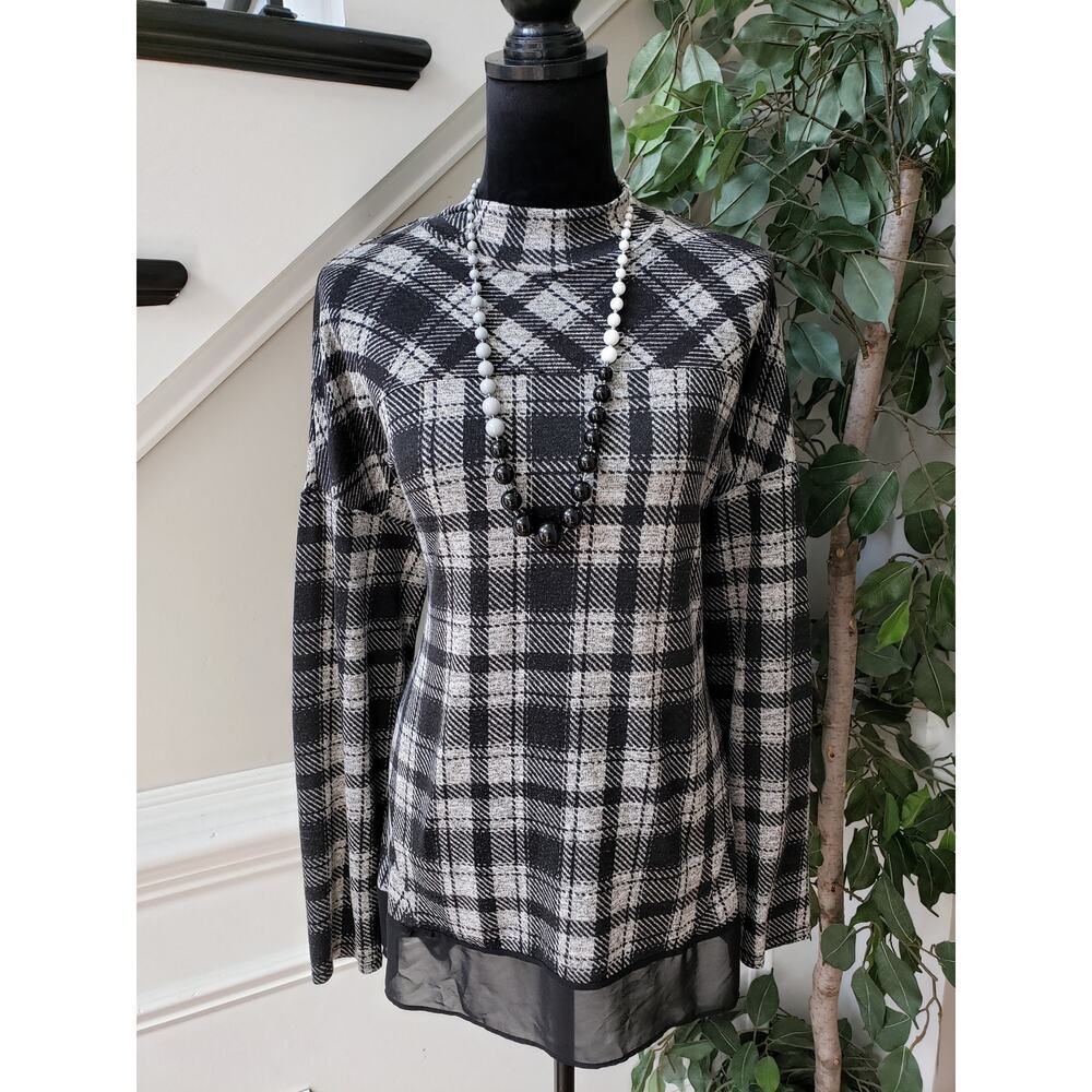 Style&co. Sweater Womens Large Gray Black Plaid Mock Neck Drop Shoulder Pullover